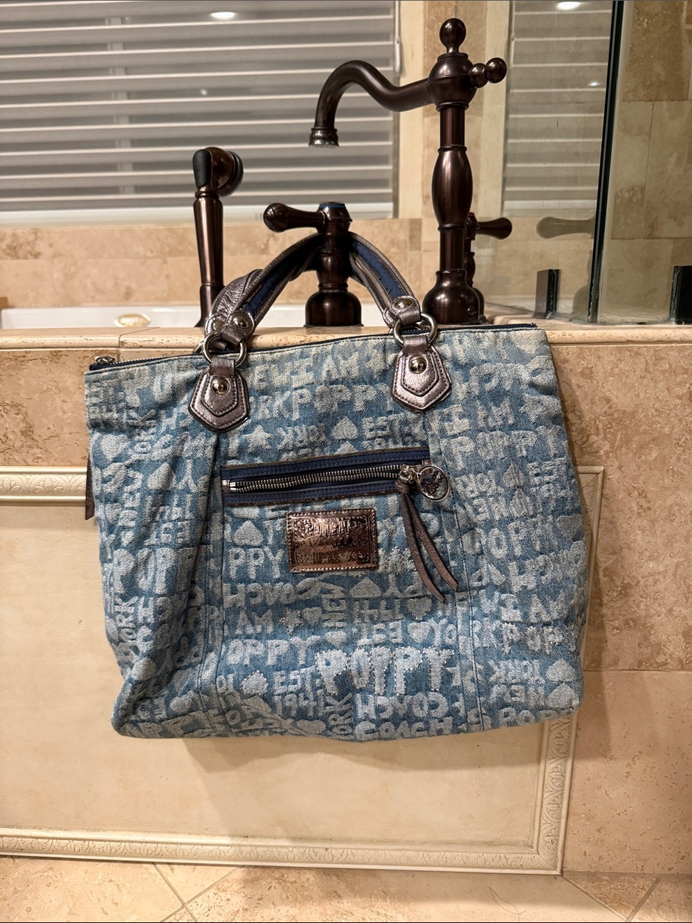 Coach Denim-Blue Logo Tote with Dark Brown Trim